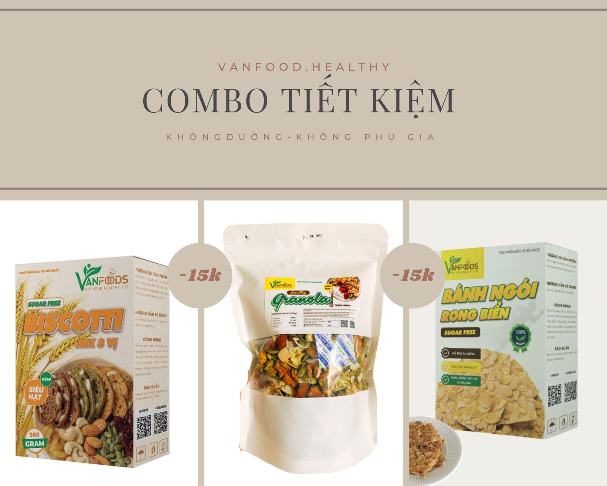 ⚡️Deal sốc⚡️Combo tiết kiệm Vanfood -Biscotti nguyên cám 3 vị + Bánh ngói hạnh nhân + Granola siêu hạt vi Socola - Bánh ăn kiêng không đường hỗ trợ dảm k ân