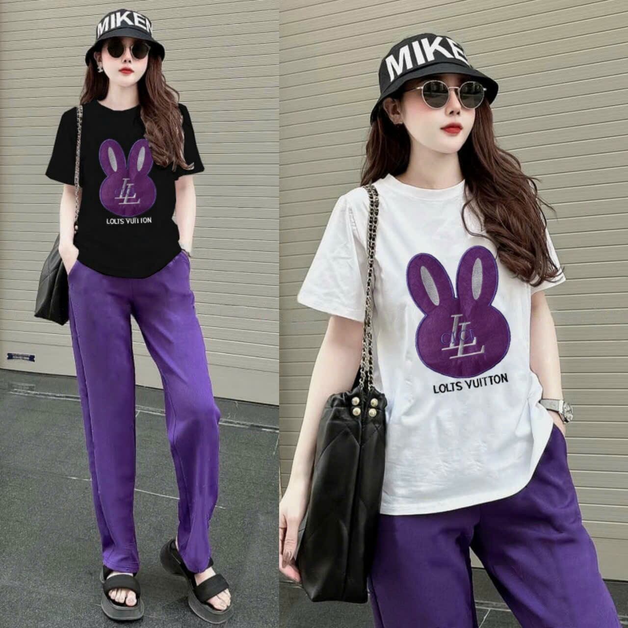 Set bộ thun cotton dài form rộng thêu thỏ quần suông ống rộng màu tím
