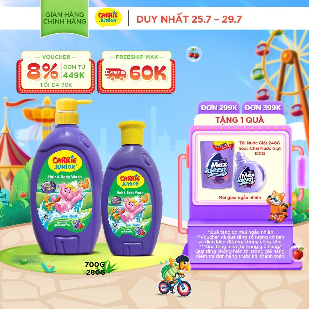 Combo Sữa Tắm Gội cho bé Carrie Junior chiết xuất trái cây thiên nhiên Hương Grapeberry: 700g + 280g