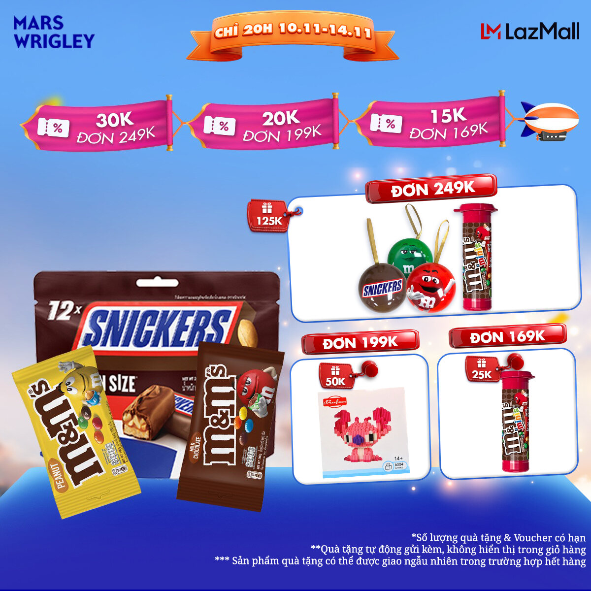 Combo Kẹo Sô Cô La Snicker 240g M&M Sữa 180g M&M Đậu Phộng 180g