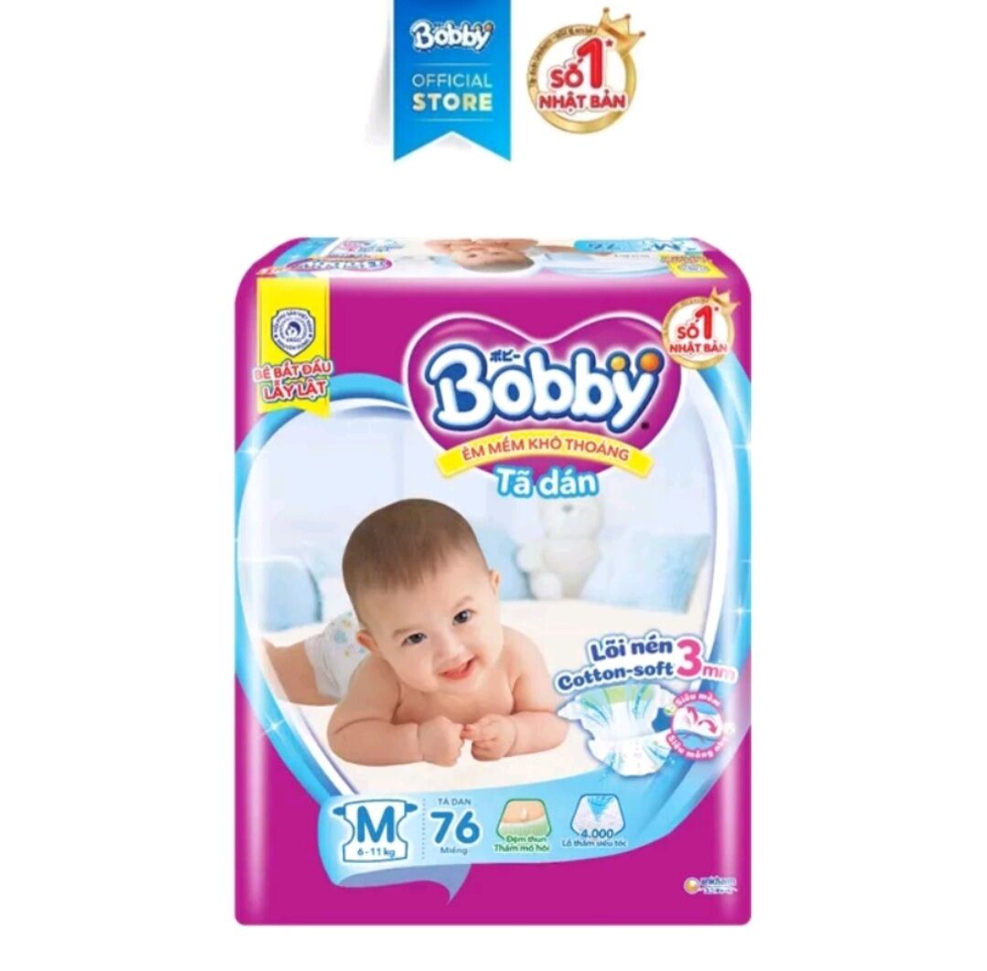 Tã dán Bobby size M 76 miếng, M 46 miếng (6 - 11 kg), L 68 miếng (9-14kg)