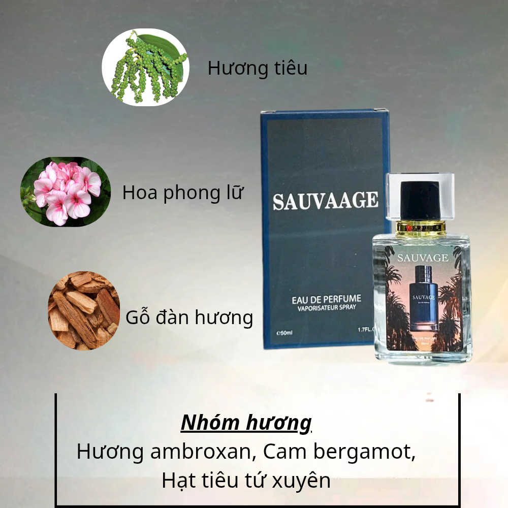 Nước hoa Sauvage Eau de Parfum 50ml cho nam, lưu hương 8-12 giờ, dung tích 50ml, hộp màu xanh đậm.