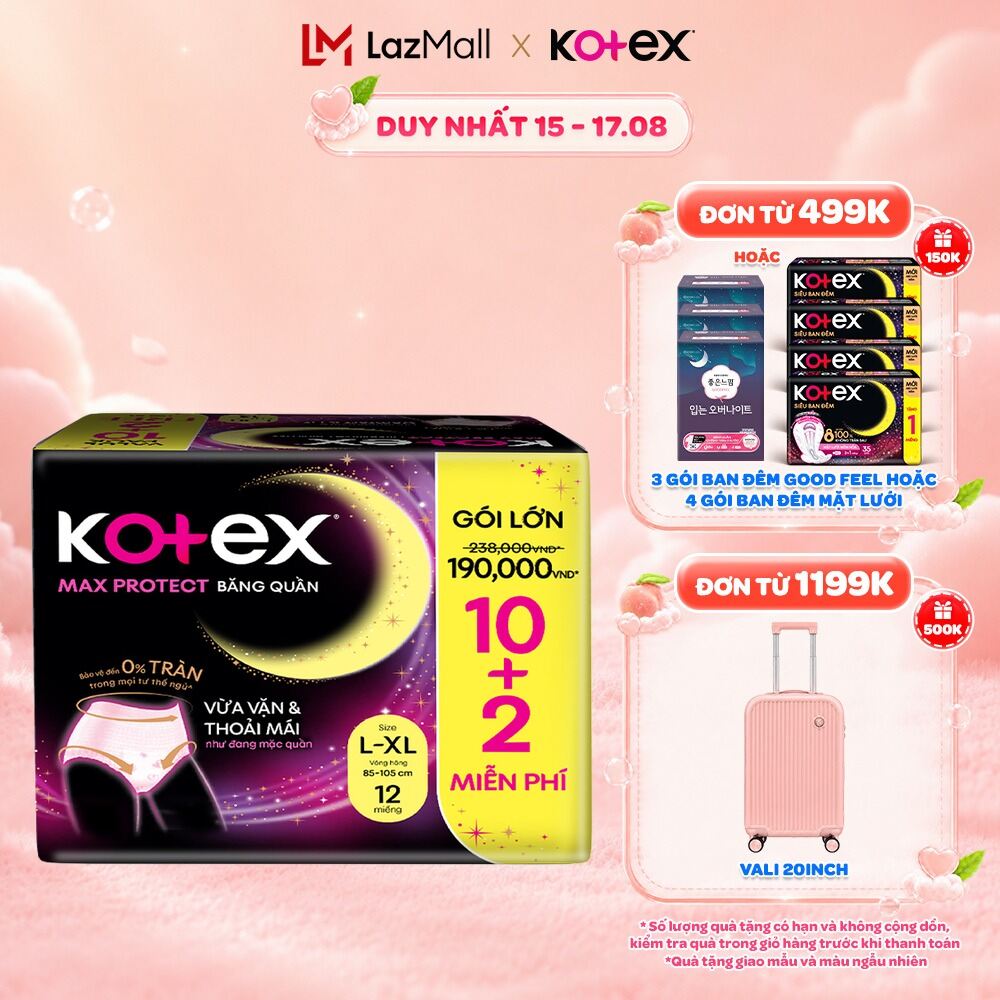 Combo 2/Combo 4/Combo 8/Băng Vệ Sinh Dạng Quần Kotex Ban Đêm Cỡ L/XL (10+2) Miếng/Gói
