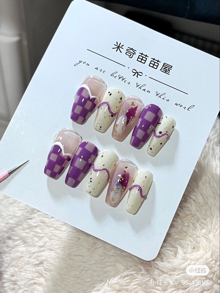 Nail box tone tím kẻ caro thiết kế theo yêu cầu size móng