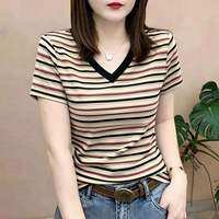 QIAOXIZI | Áo Thun Sọc V-Neck Dễ Thương Slimming