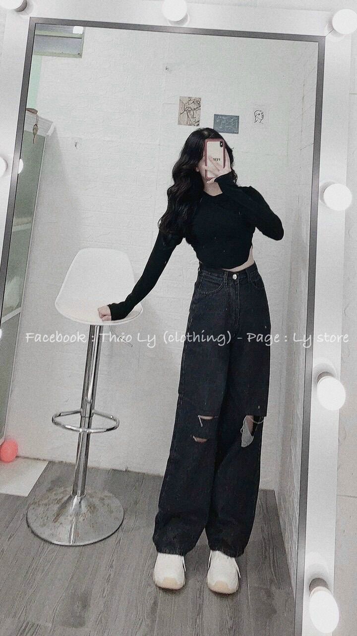 BAGGY JEANS ỐNG SUỐNG ĐEN RÁCH 3