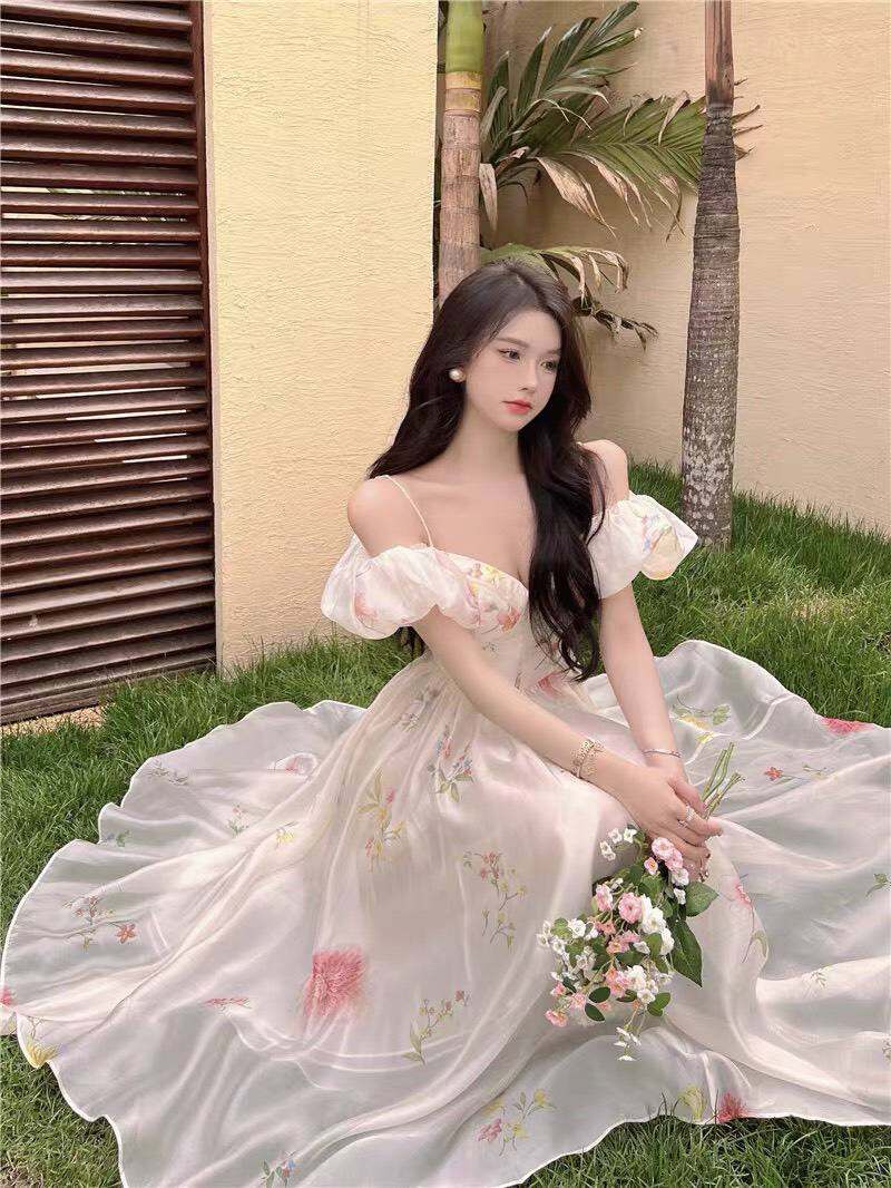 ĐẦM MAXI TRẮNG NỀN HOA 2S RỚT VAI CÚP NGỰC