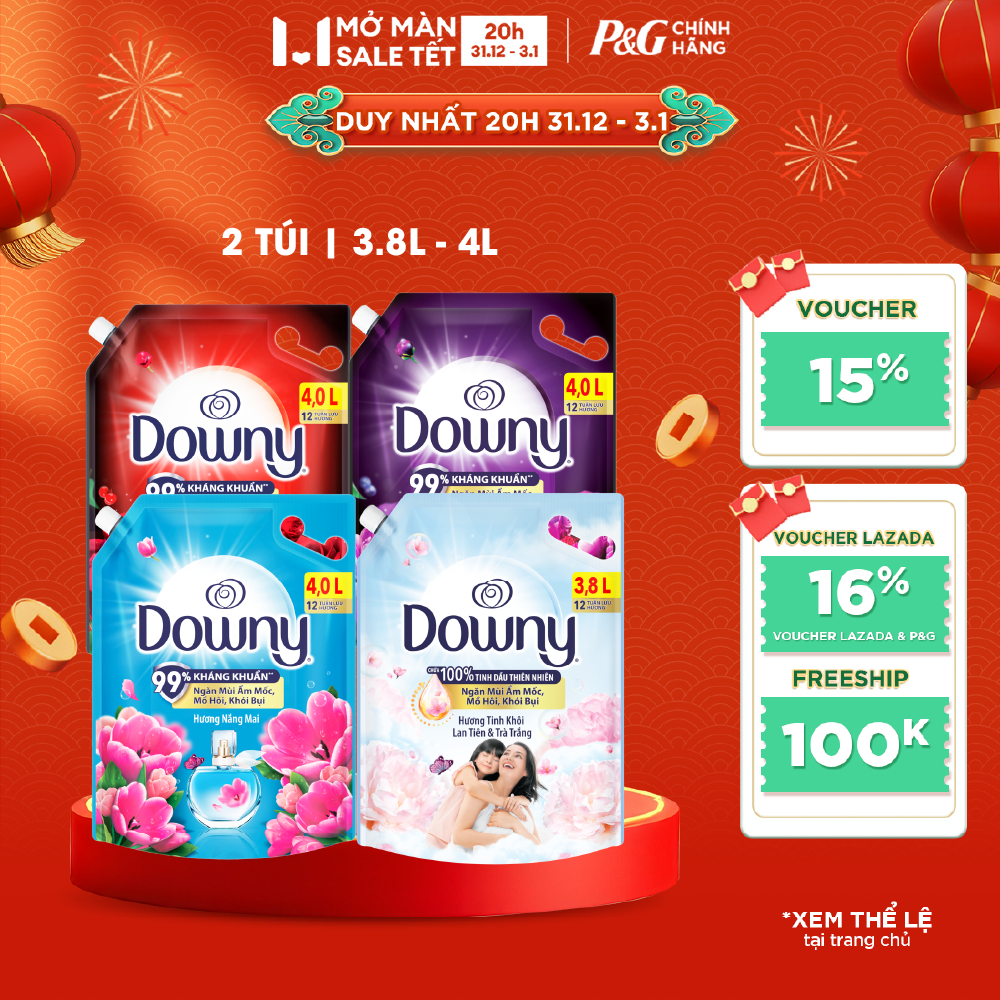 Combo 2 Nước Xả Vải DOWNY Hương Nước Hoa Cao Cấp Đam Mê Huyền Bí Nắng Mai Tinh Khôi Túi 3.8L 4L