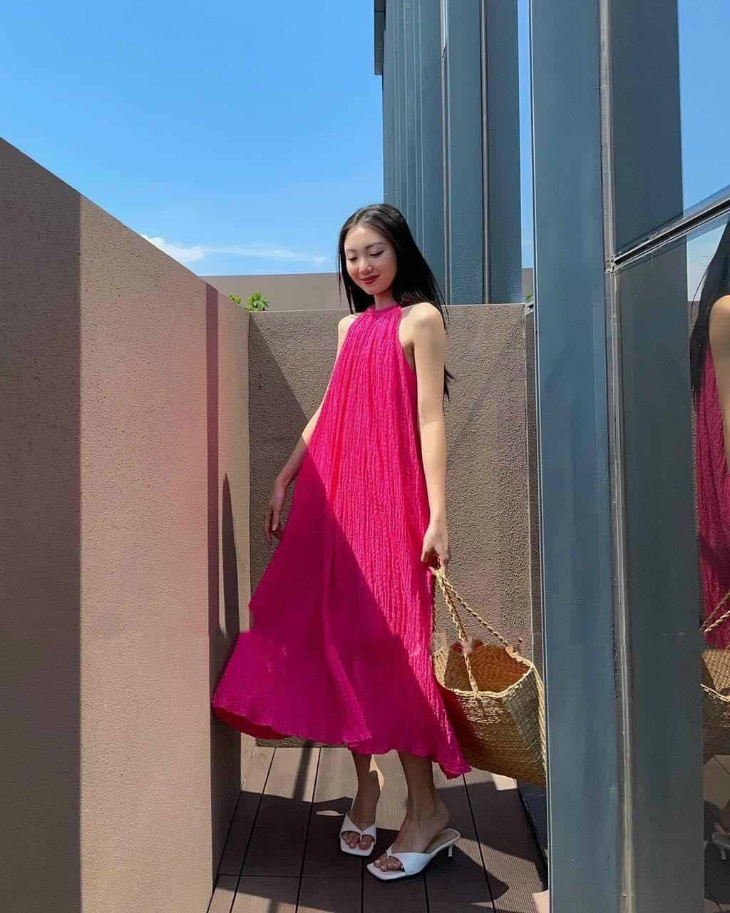 Đầm váy maxi xếp li cổ yếm chất đũi xốp cao cấp đi biển đi chơi