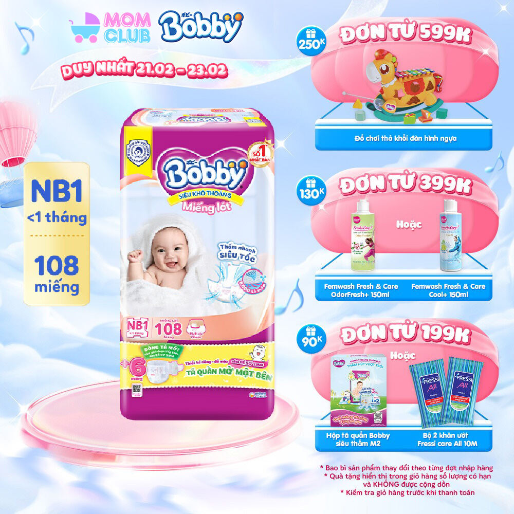 Miếng lót sơ sinh Bobby Newborn NB1 - 108 miếng - Siêu thấm khô thoáng (Tặng thêm 6 miếng Tã Quần Mở