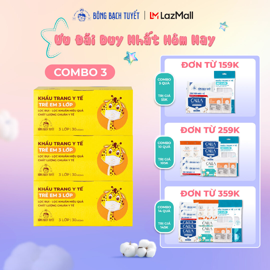 Combo 3 Hộp Khẩu trang Bông Bạch Tuyết cho bé 3 lớp cho trẻ 6 - 11 tuổi (30 cái/hộp) (Trắng)