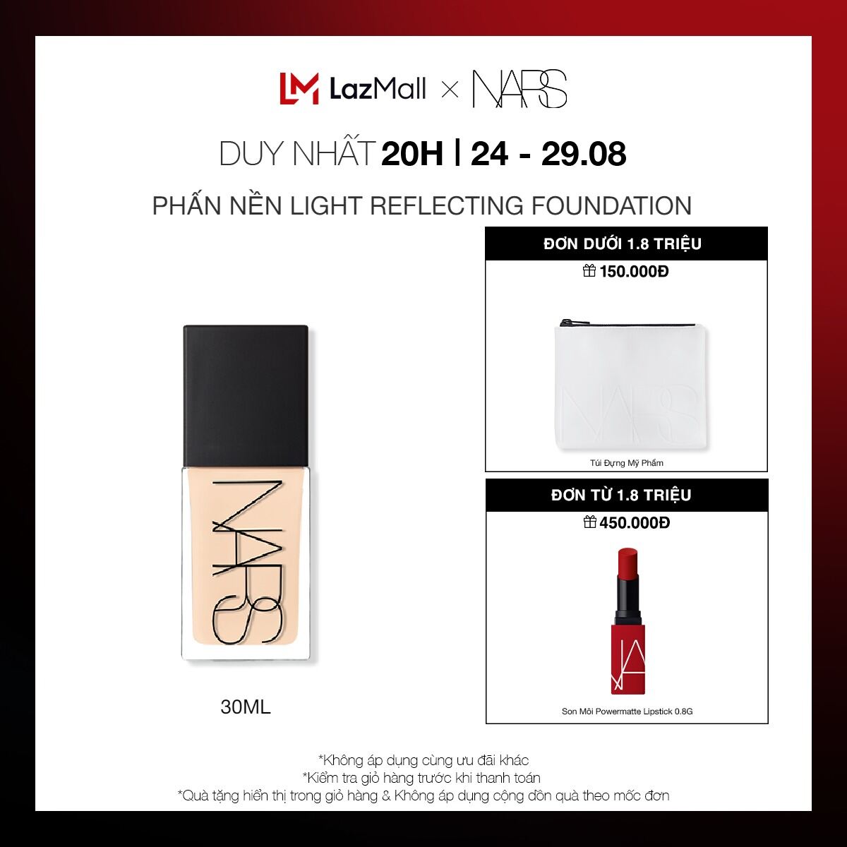 [20H | 24-29.08 | QUÀ TẶNG ĐẾN 450K] Phấn nền dạng lỏng NARS Light Reflecting Foundation 30ml