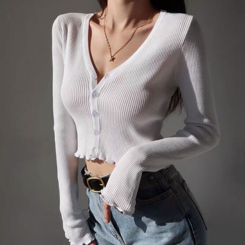 Áo len nữ dệt kim dài tay cài khuy croptop 2 màu