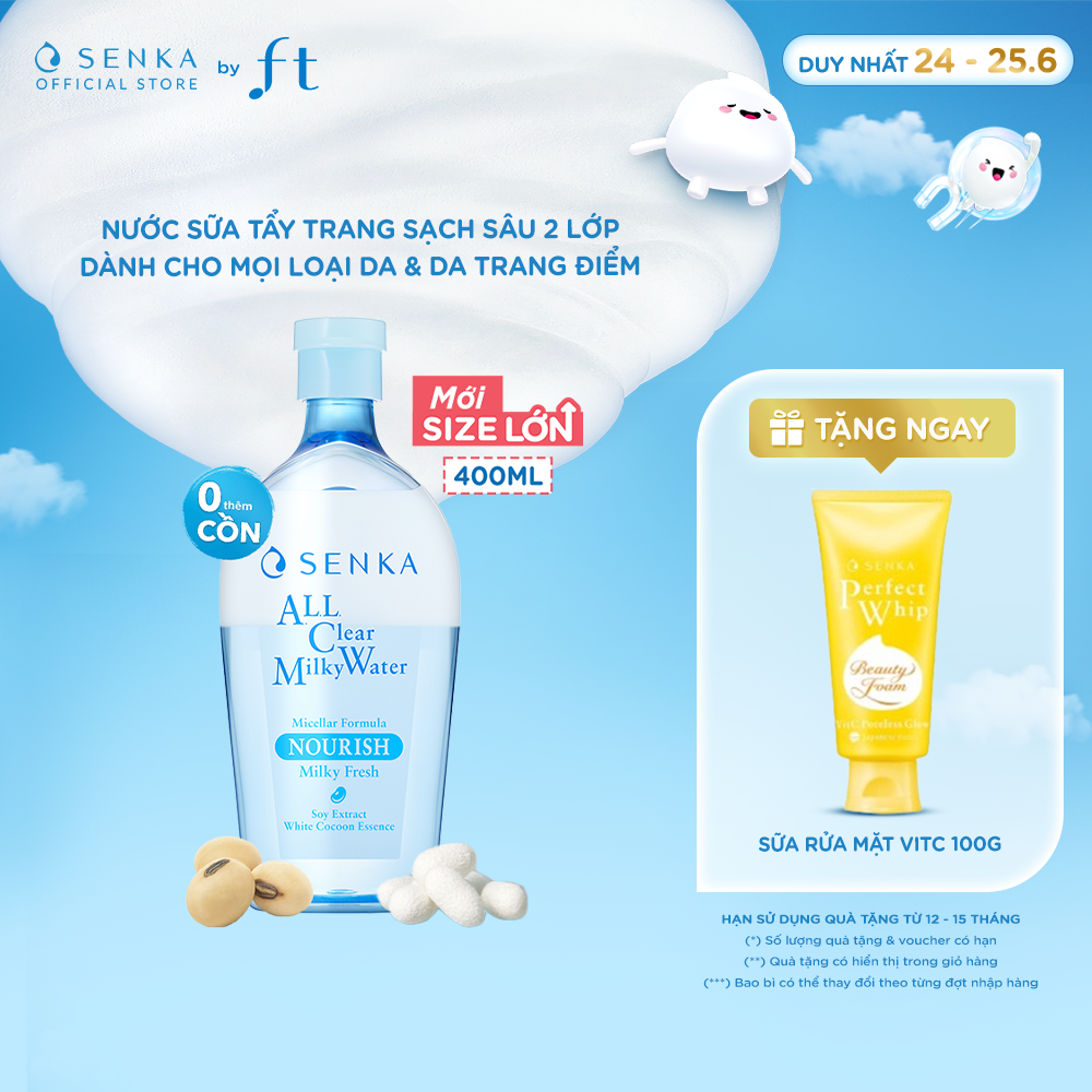 Nước tẩy trang micellar 2 lớp sạch sâu trang điểm đậm SENKA A.L.L. CLEAR MILKY WATER 400ML