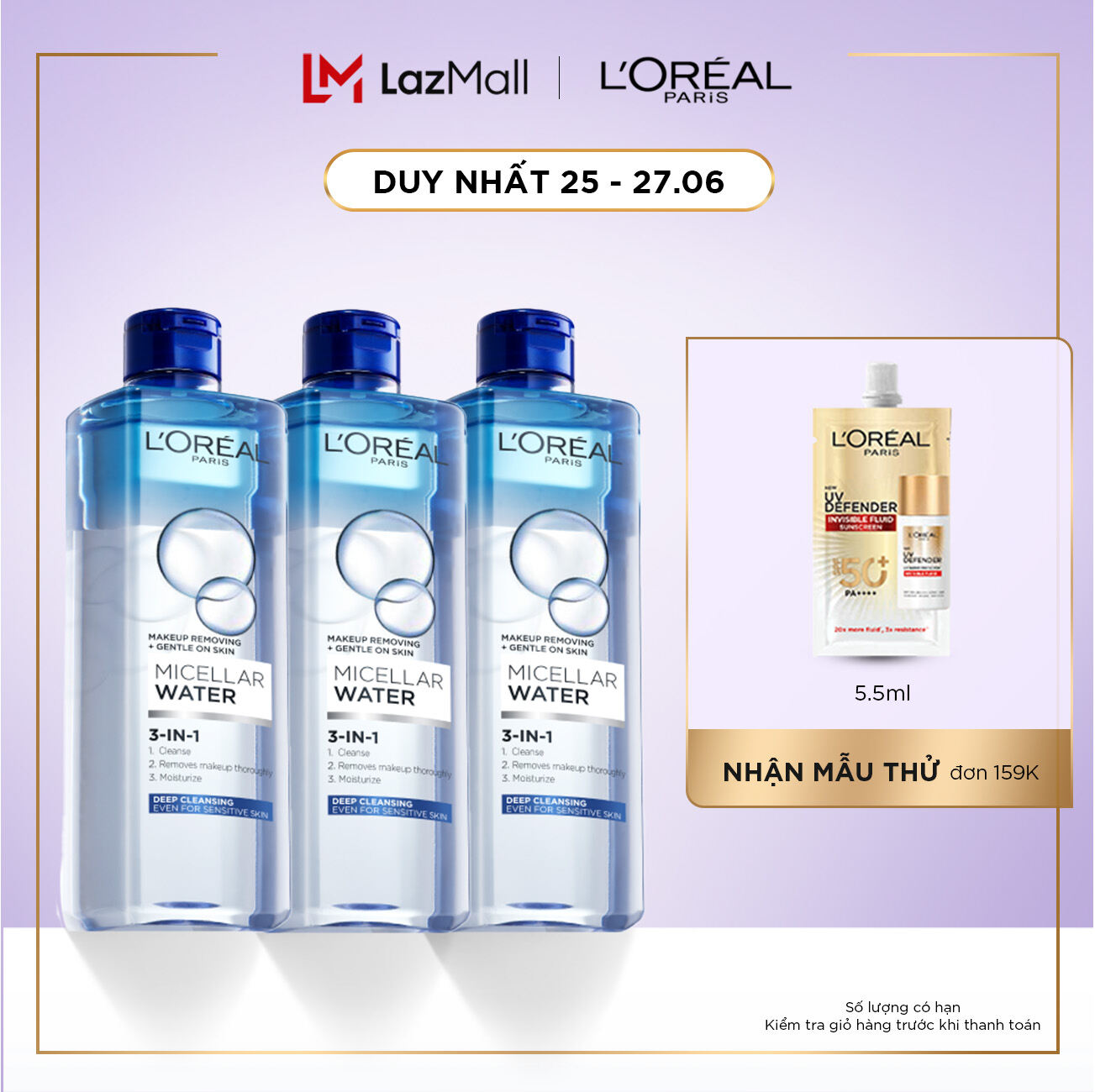 Bộ 3 nước tẩy trang đa năng 3-in-1 làm sạch sâu L'Oreal Paris Micellar Water 400ml (xanh dương đậm) - Virtual