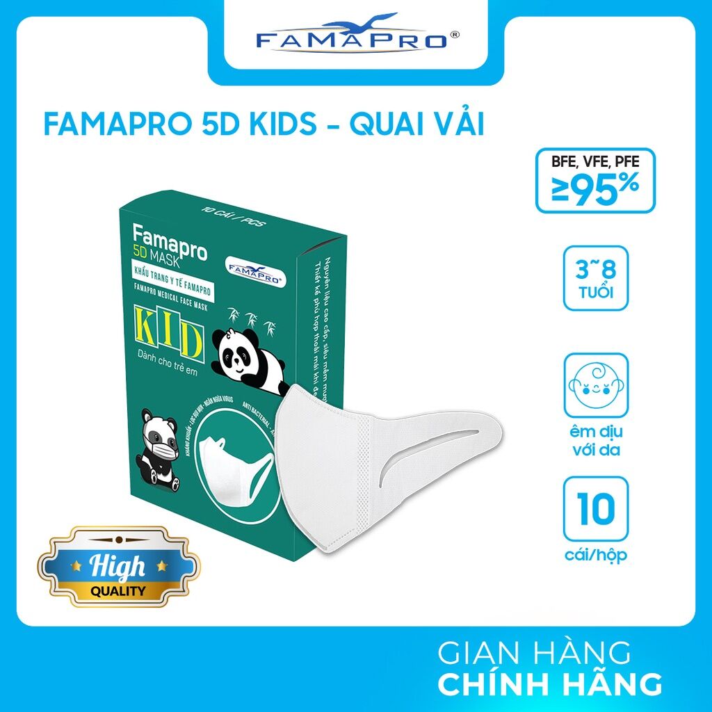 [5D QUAI VẢI- HỘP 10 CÁI] Khẩu trang y tế kháng khuẩn 3 lớp Famapro 5D Mask dây vải. Người lớn và trẻ em. thumbnail