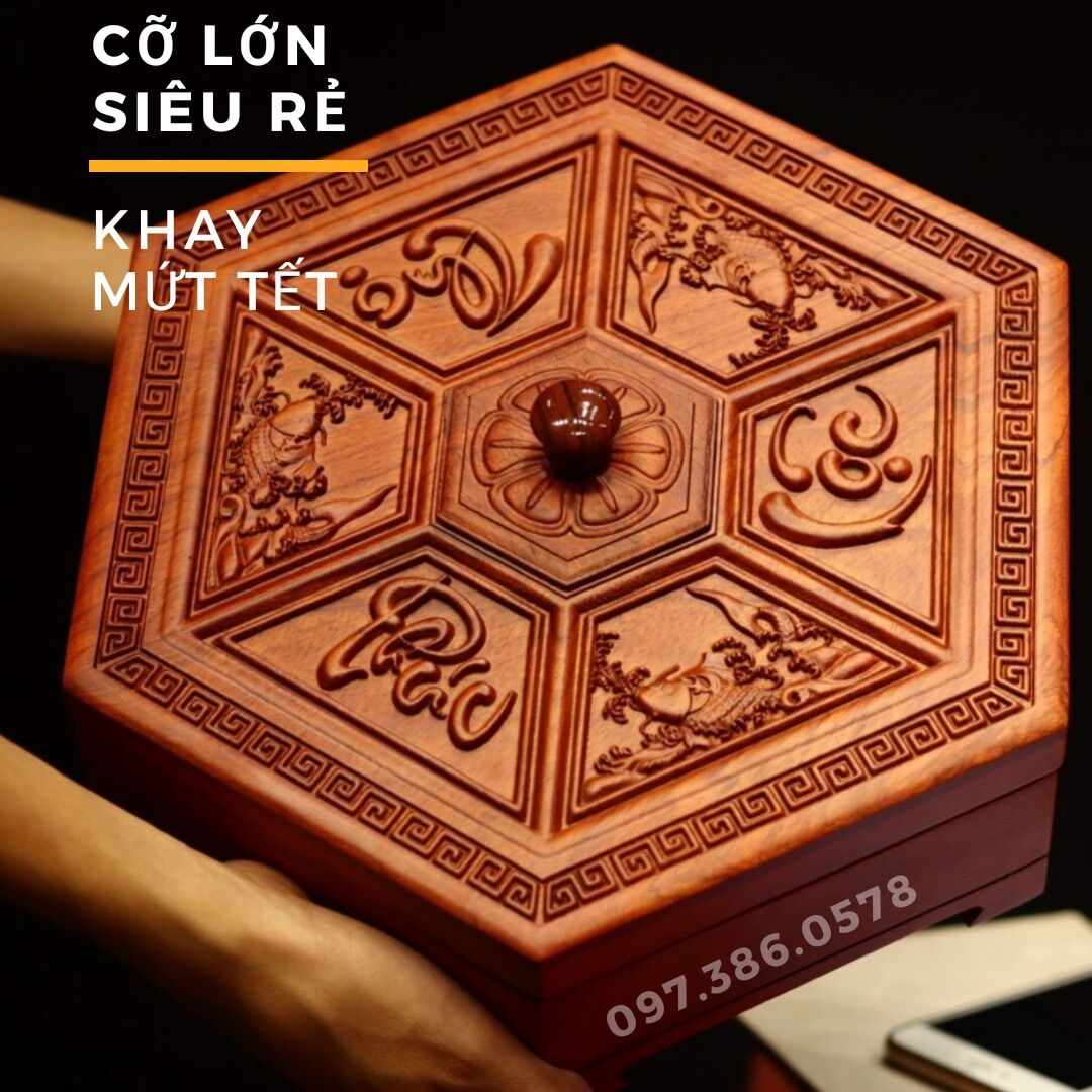 Khay mứt Tết Phúc Lộc Thọ bằng gỗ Hương - khay đựng bánh kẹo Tết bằng gỗ