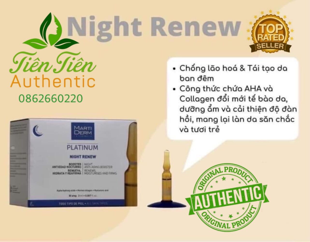 Ampolue tái tạo da ban đêm Martiderm Plantinum Night Renew