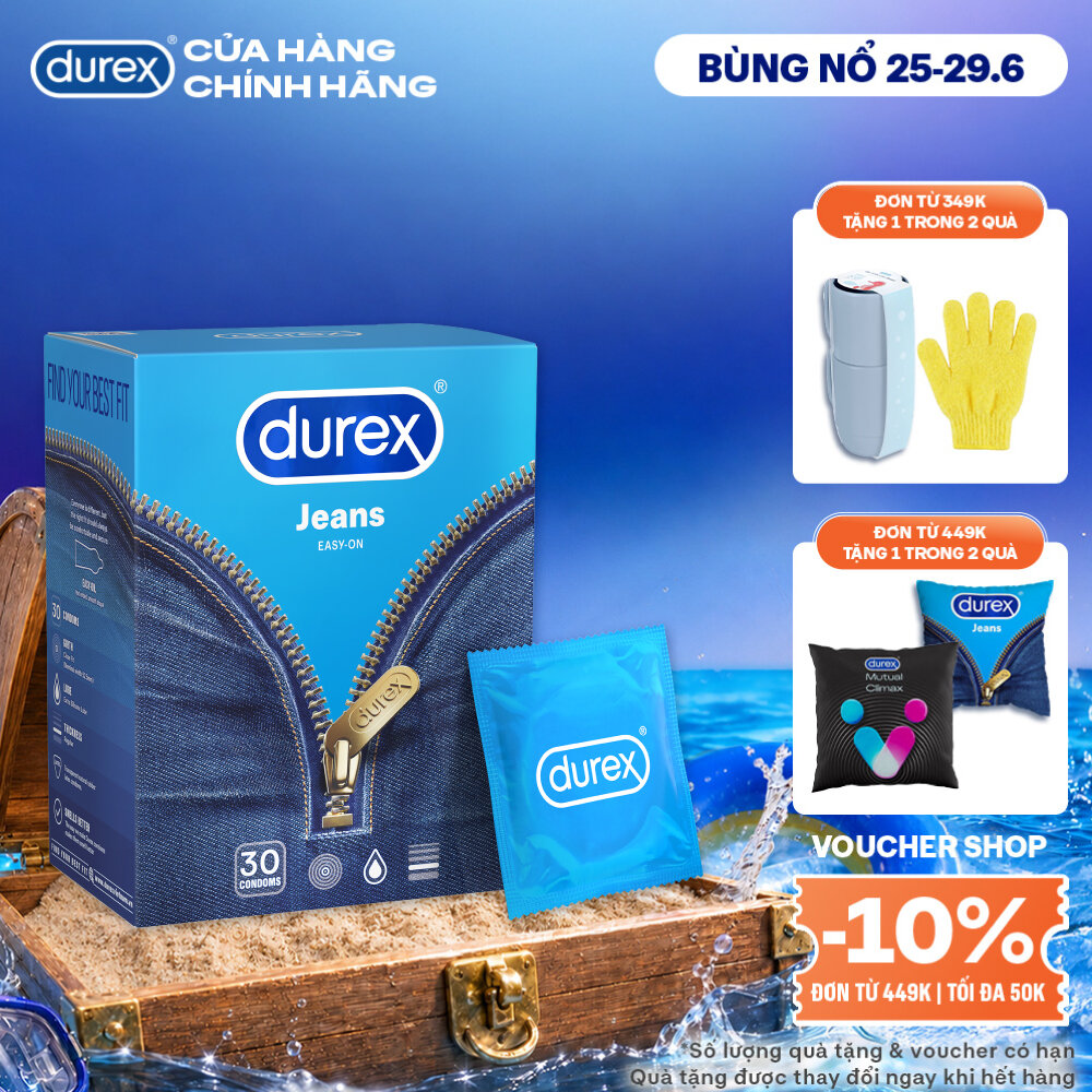 [ĐỘC QUYỀN] Bao cao su Durex Jeans cơ bản, bôi trơn, size 52.5mm, hộp 30 bao