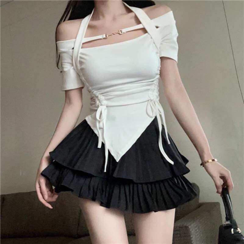 Set áo kiểu phối xích kèm chân váy dập ly mcxx