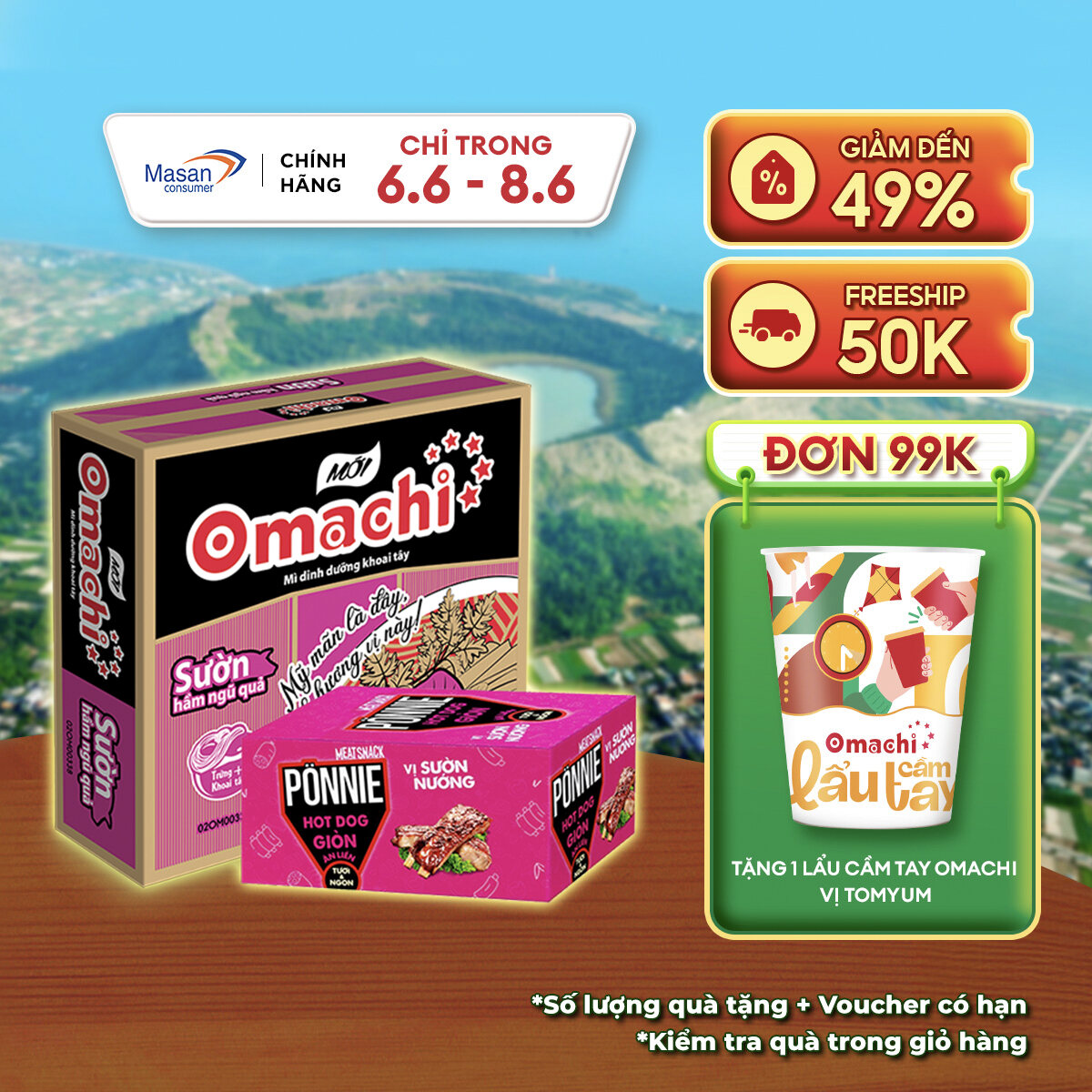 Combo 1 Thùng Mì Omachi Sườn Hầm Ngũ Quả Gói 80g và 1 Hộp Ponnie Hot Dog Giòn Ăn Liền Vị Giò Lụa Hộp