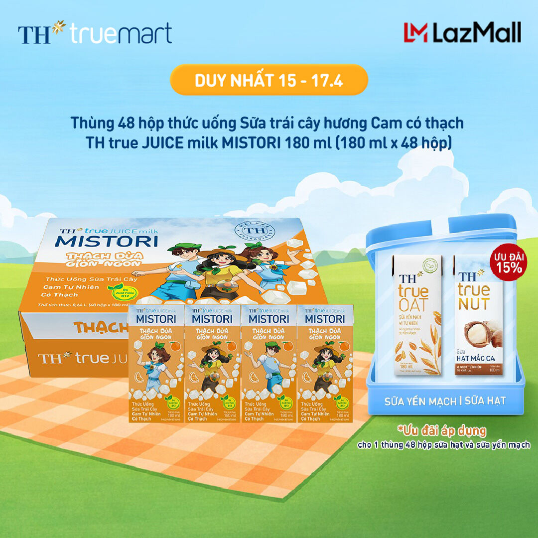 Thùng 48 hộp thức uống Sữa trái cây hương Cam có thạch TH true JUICE milk MISTORI 180ml (180ml x 48)