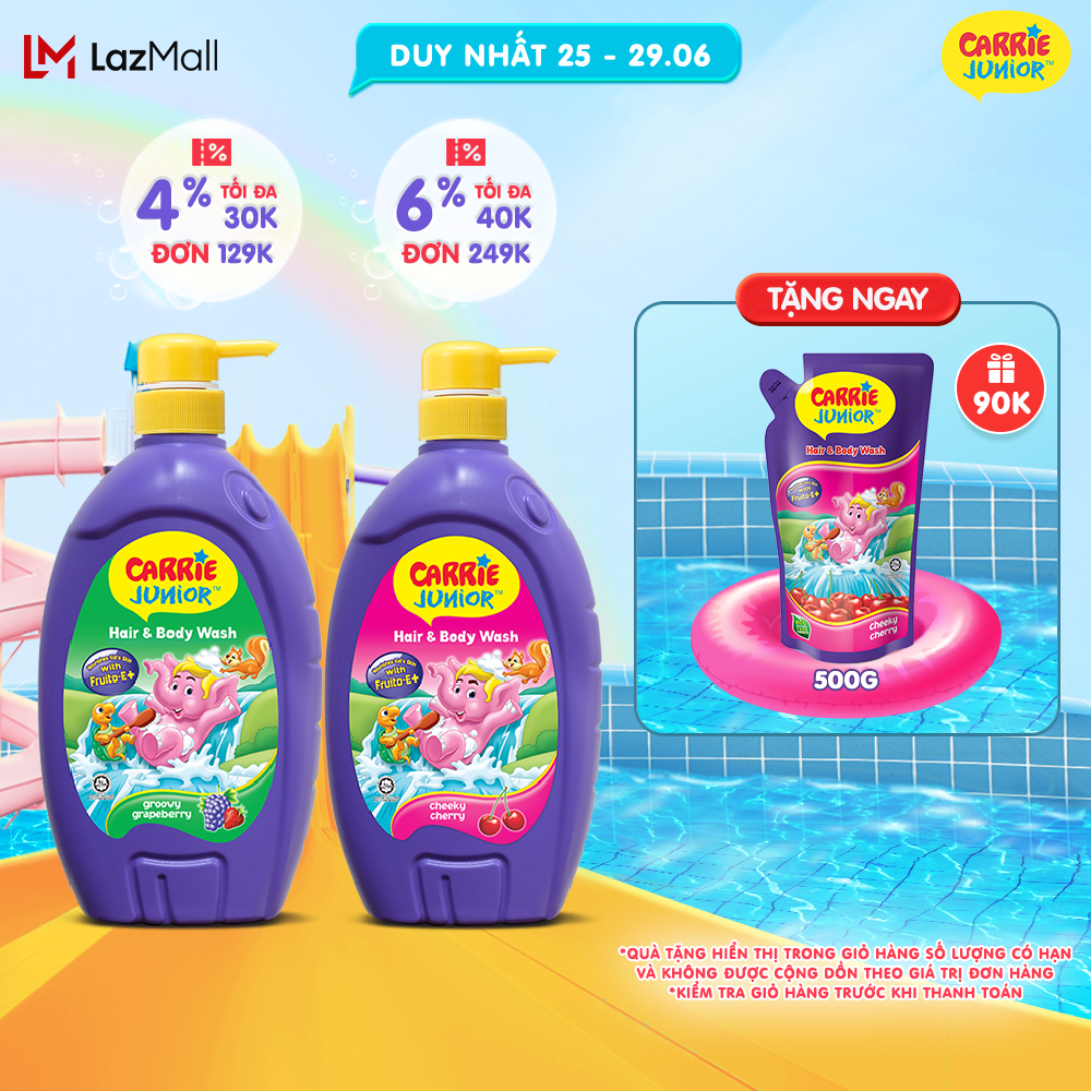 Combo 2 Sữa Tắm Gội cho bé Carrie Junior chiết xuất trái cây thiên nhiên (700g/chai): 1 Hương Grapeberry + 1 Hương Cherry