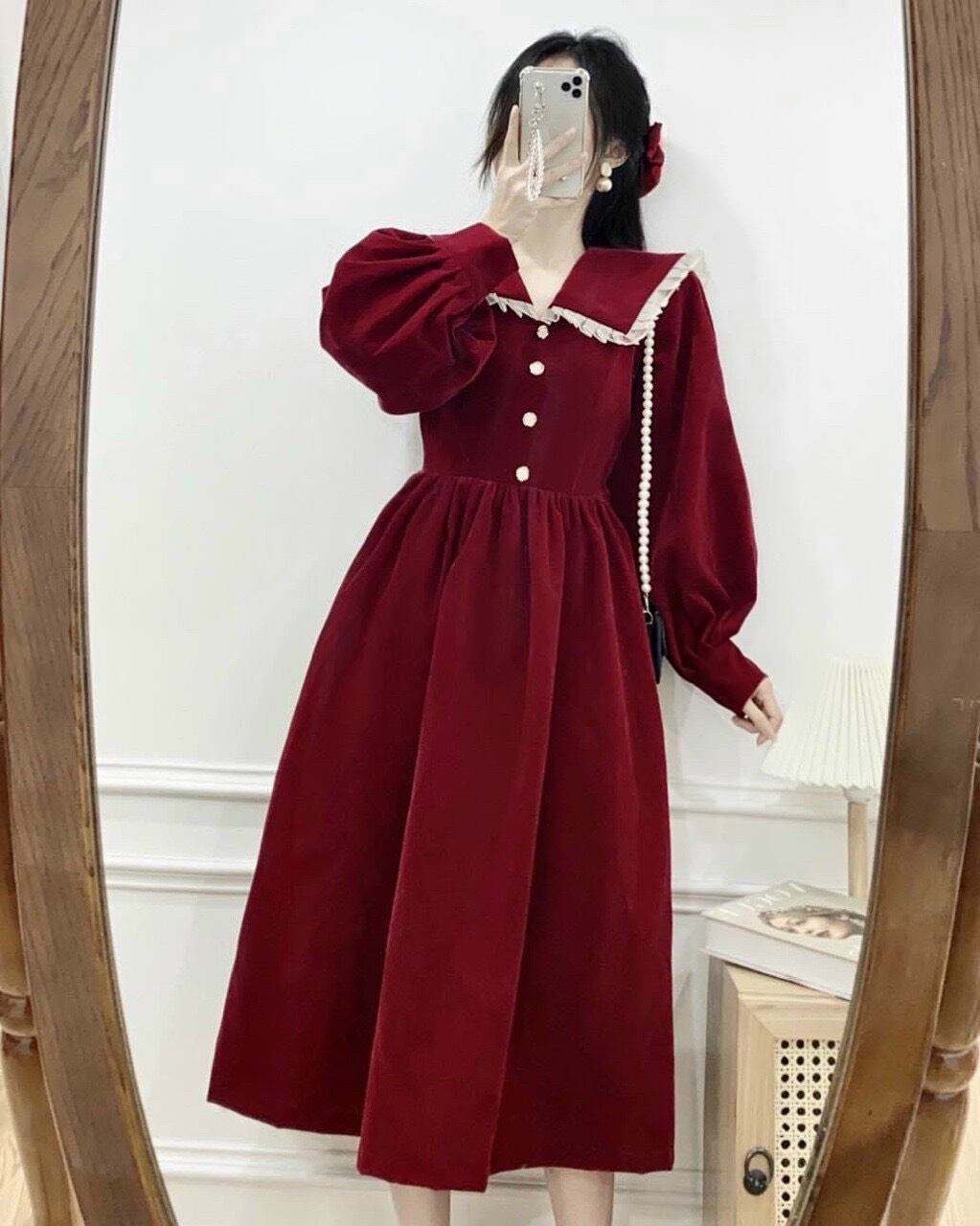 Đầm Nhung Đỏ Sang Chảnh Dáng Xoè Dài Dễ Thương.Váy Tiểu Thư Cổ Điển Vintage  Giá Rẻ, Siêu Đẹp | Lazada.Vn