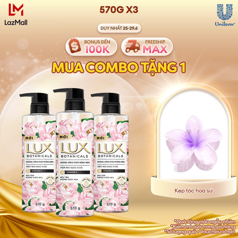Combo Sữa Tắm Hương Nước Hoa Lux Botanicals Hồng Pháp Nồng Nàn Sáng Mịn Rạng Ngời 570GX3