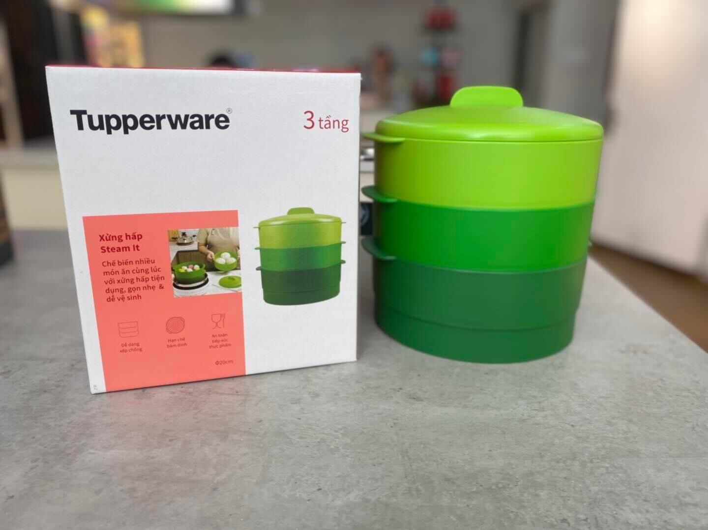 Xửng hấp Tupperware Steam It 3 Tầng màu xanh