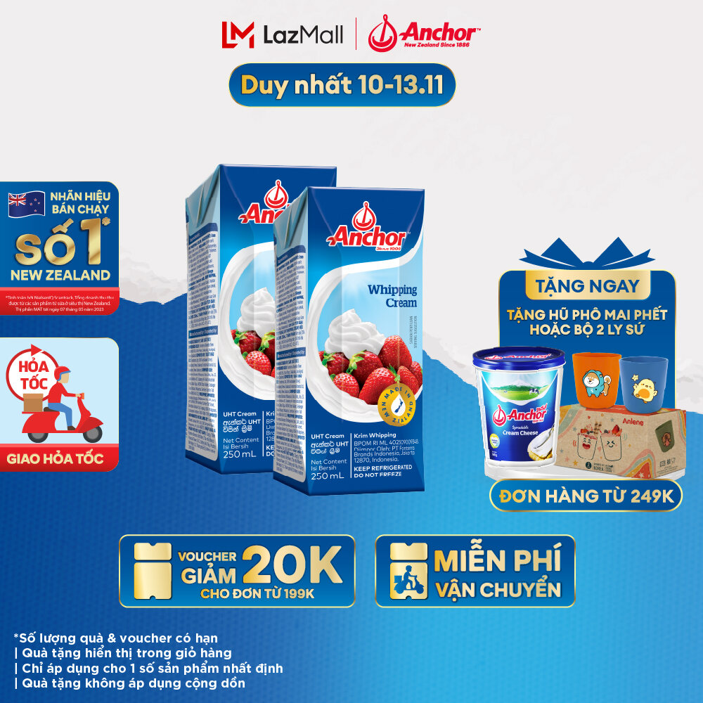 [GIAO HÀNG HỎA TỐC - HCM] Combo 2 Kem Sữa Tươi Tiệt Trùng Anchor Whipping Cream Hộp 250Ml