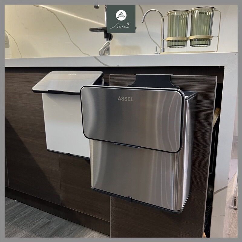 Thùng rác thông minh treo tủ đa năng inox 6l cao cấp có nắp đậy tự động assel