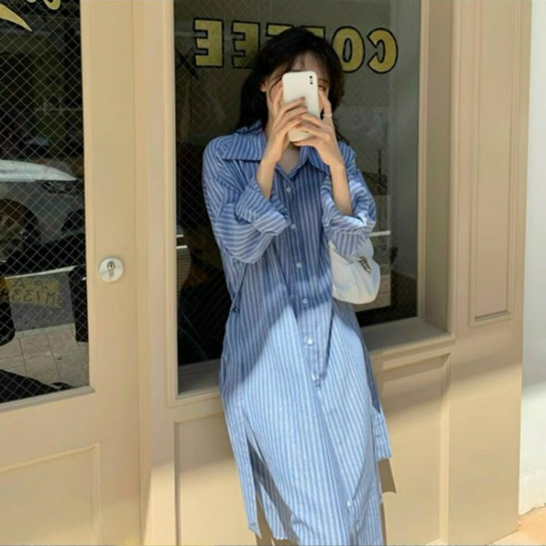 váy sơ mi kẻ sọc dáng dài ulzzang hàn quốc
