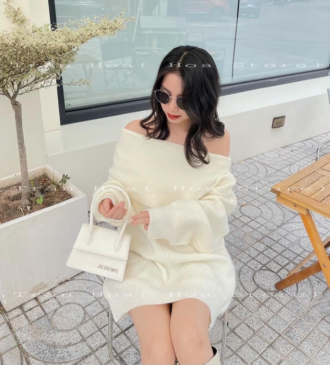 áo len trễ vai xẻ lệch dáng thụng