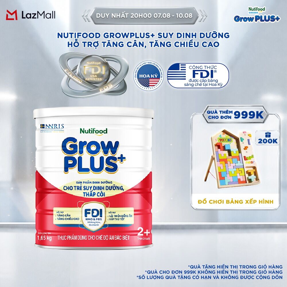 Sữa bột Nutifood GrowPLUS+ Suy Dinh Dưỡng (Đỏ) 2+ - Hỗ trợ tăng cân tăng chiều cao (Lon 165 Kg)
