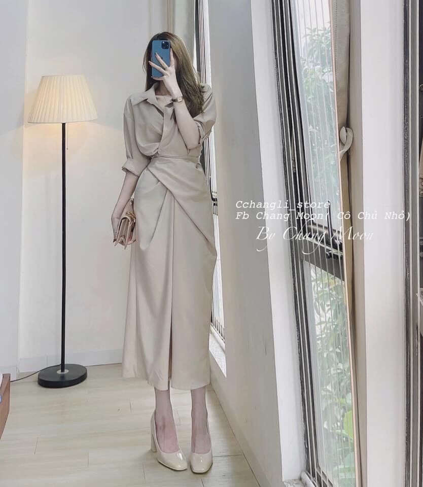 ĐẦM MIDI SƠMI PHỐI EO XOẮN
