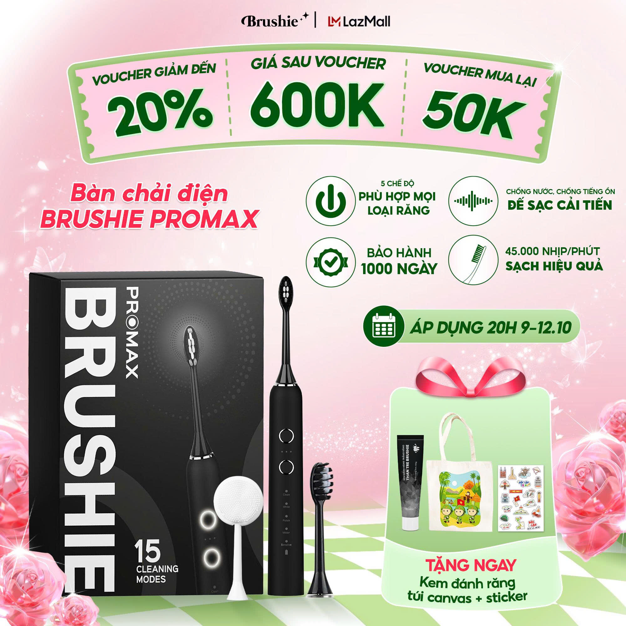 Bàn Chải Điện Brushie Promax phiên bản nâng cấp 2025 với 15 chế độ làm sạch, tích hợp máy rửa mặt 2in1 - Hàng chính hãng