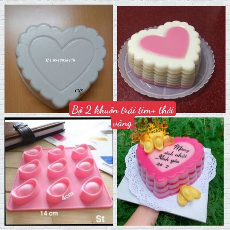 Bộ 2 khuôn làm thạch rau câu hình tim 19 cm và thỏi vàng 4 cm làm bánh hấp dẫn, độc đáo