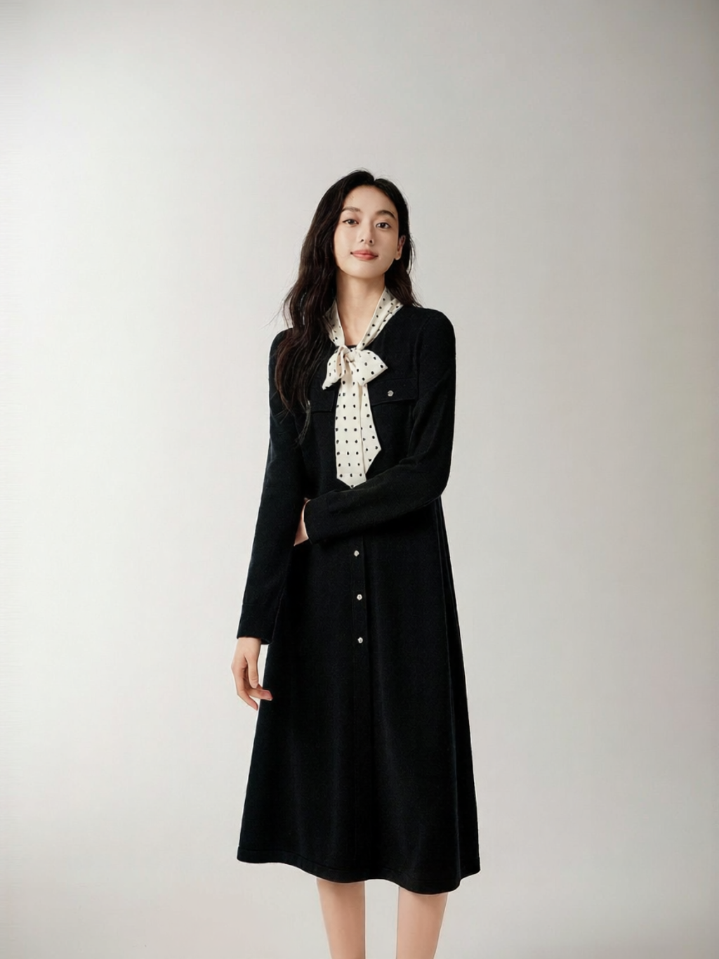 JZ ANNAKRO | Elegant Commute Polka Dot Neck Bow Waist Accentuated Long Sleeve Sweater Dress Winter - Thương hiệu JZ ANNAKRO Giá 4,879,000 Đồng*Miễn phí vận chuyển