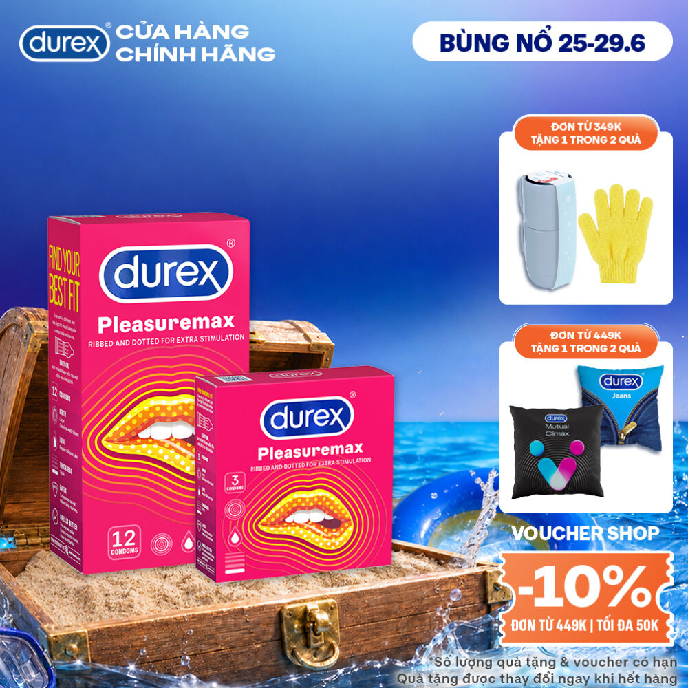 Bộ bao cao su Durex Pleasuremax gân gai, size 56mm, 1 hộp 12 bao và 1 hộp 3 bao