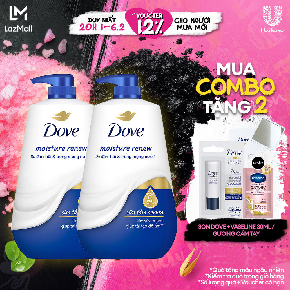 Combo 2 Sữa tắm dưỡng thể Dove chăm da mềm mịn tức thì với dưỡng chất lợi khuẩn da 900g/chai (bao bì