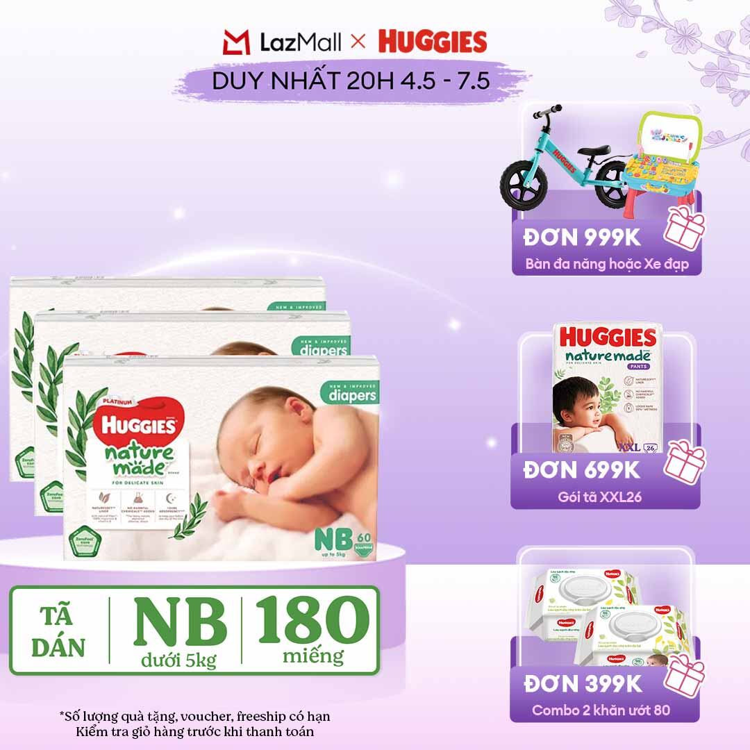 [CHỈ 20h 04-07.05 QUÀ TẶNG ĐƠN 399K](Mua 1 tặng 1) Combo 3 Tã/Bỉm dán sơ sinh Huggies Platinum NatureMade NB60 (dưới 5kg)-Gói Jumbo 60 miếng