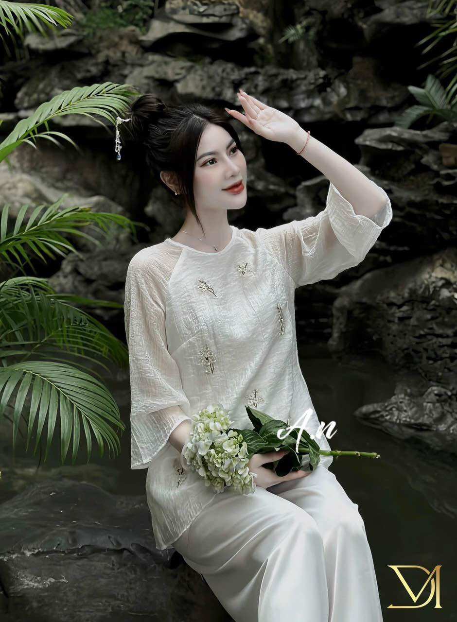 Đồ lam đi chùa,Bộ phật tử,Đồ đi chùa,Bộ lụa thêu hoa