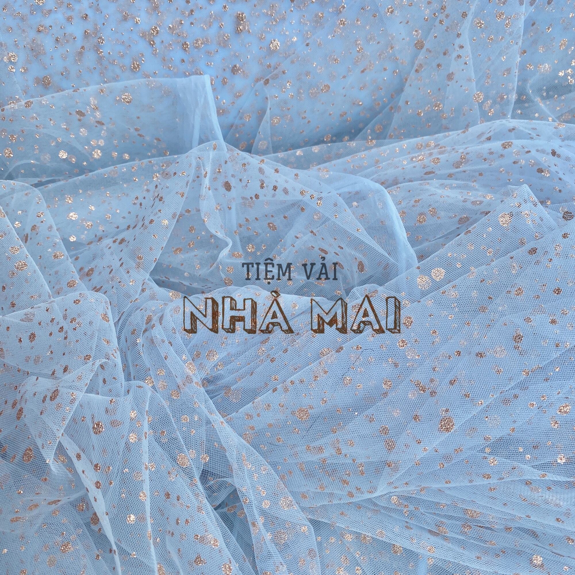 Lưới tutu mềm màu xanh baby chấm nhũ lấp lánh