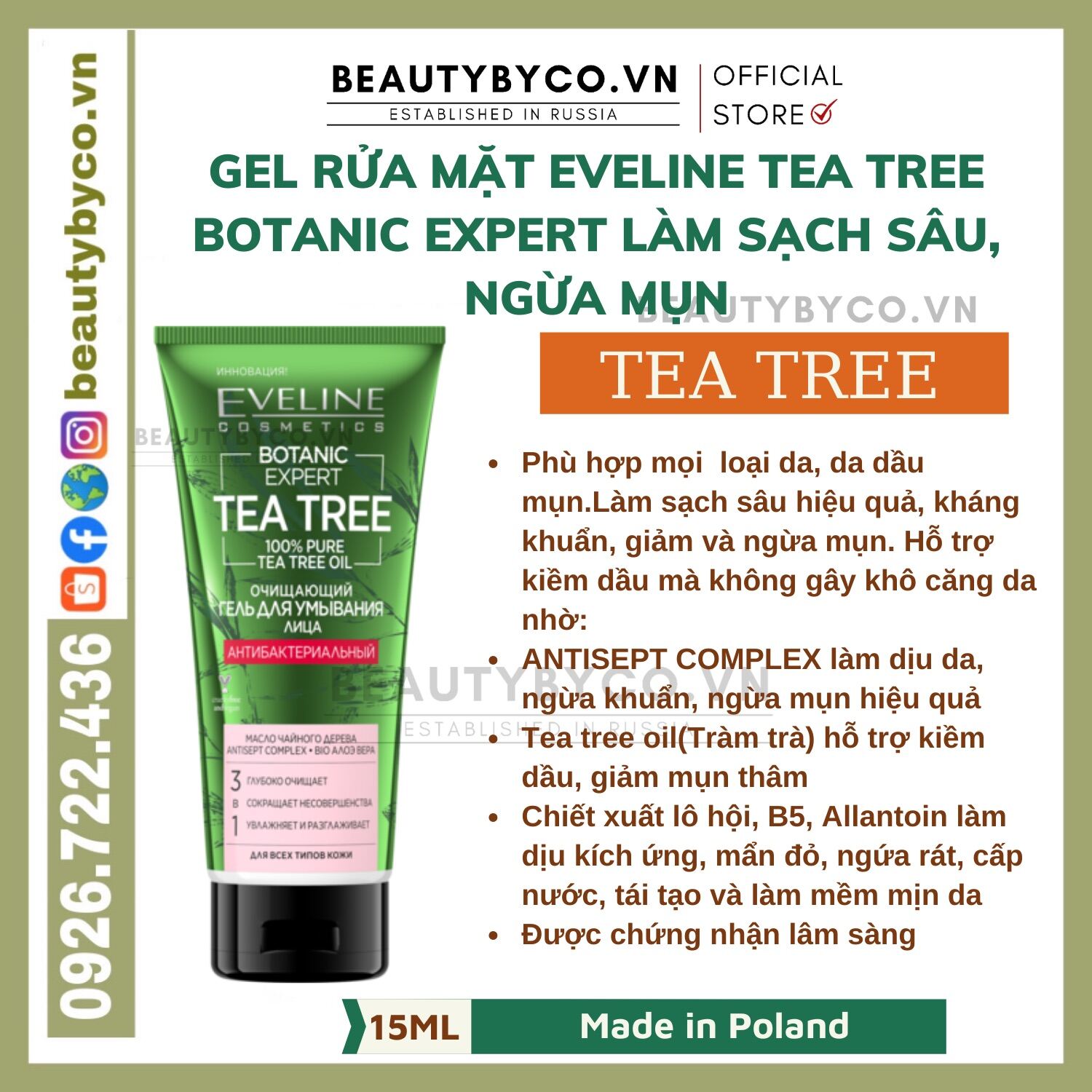 Gel Rửa Mặt Eveline Tea Tree Botanic Expert Làm Sạch Sâu Ngừa Mụn Làm Dịu Cấp Nước Và Phục Hồi Da 200Ml