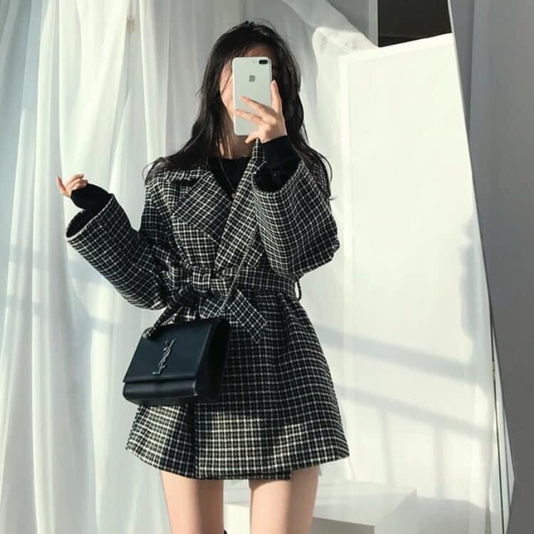 Áo khoác dạ kẻ caro nữ kèm đai - Áo khoác dạ kẻ caro kèm đai thắt eo dáng vừa