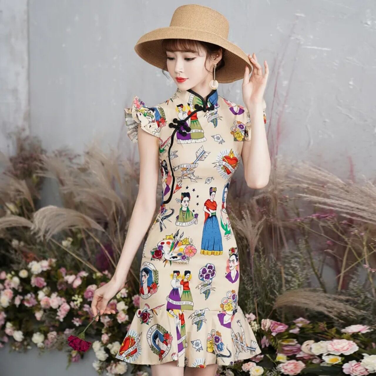 Đầm sườn xám cách tân đuôi cá hàng quảng châu