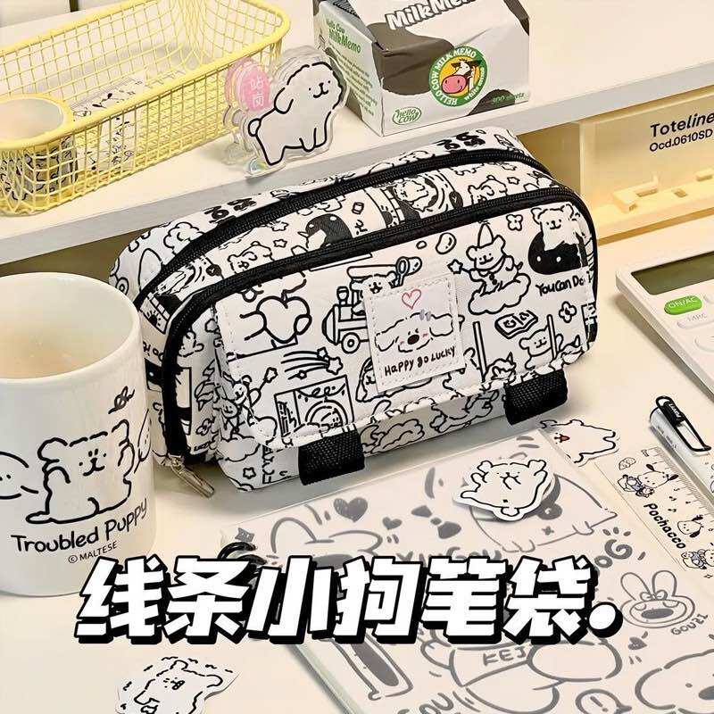 Túi bút nhiều ngăn Happy go lucky Puppy hoạ tiết trắng đen, hộp đựng bút to rộng nhiều ngăn