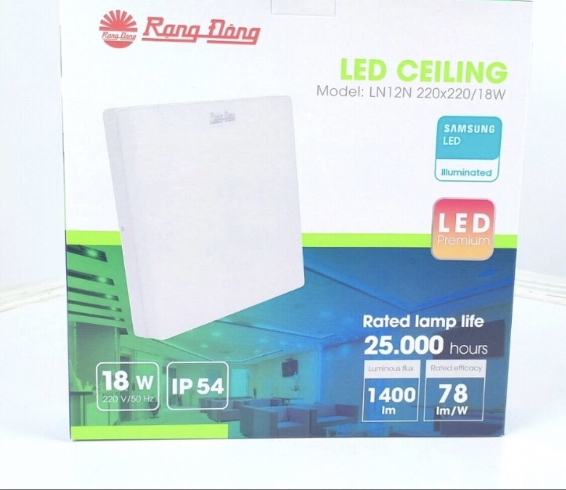 Đèn ốp trần nổi ln12 18w 220x220 led rạng đông tràn viền chống nước ip54