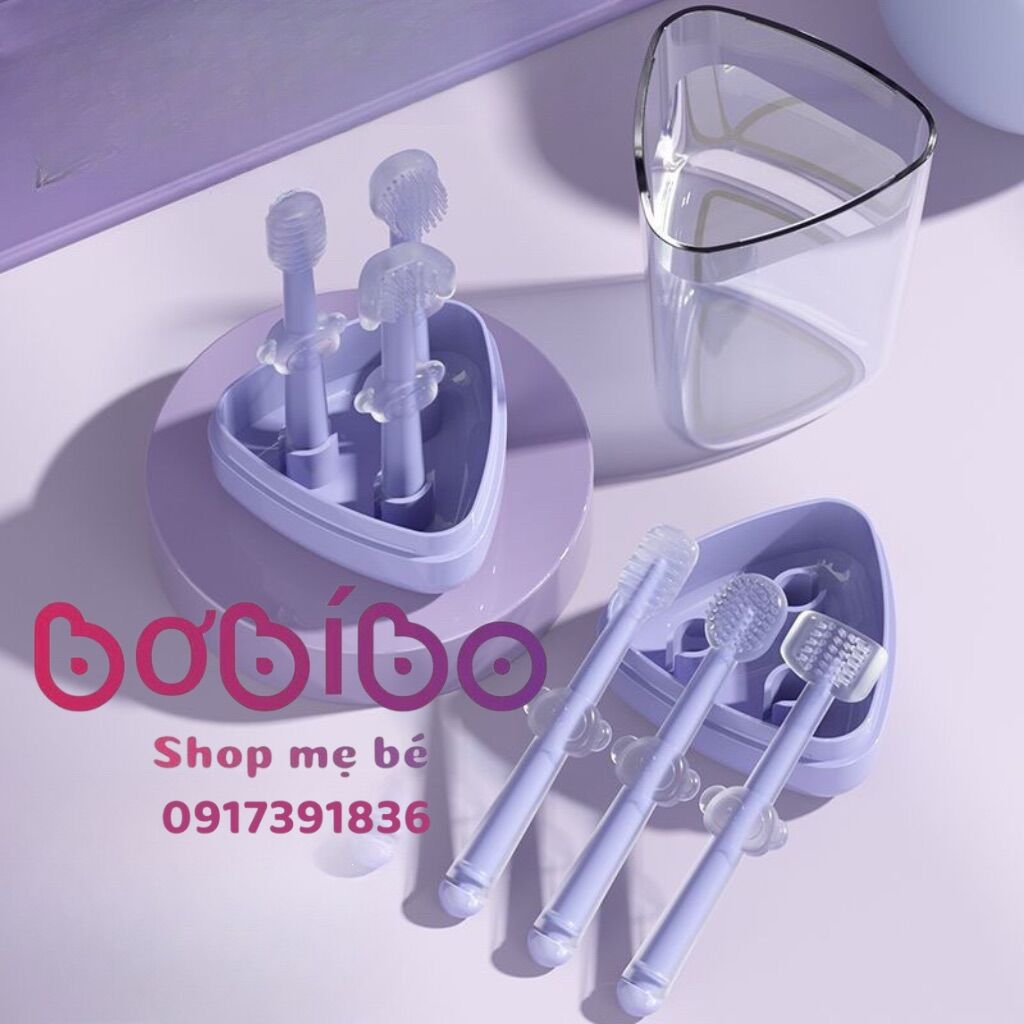 Set Rơ Lưỡi Cho bé Silicon 3 loại, tưa lưỡi, bàn chải silicon mềm mại cho bé từ 0-18 tháng